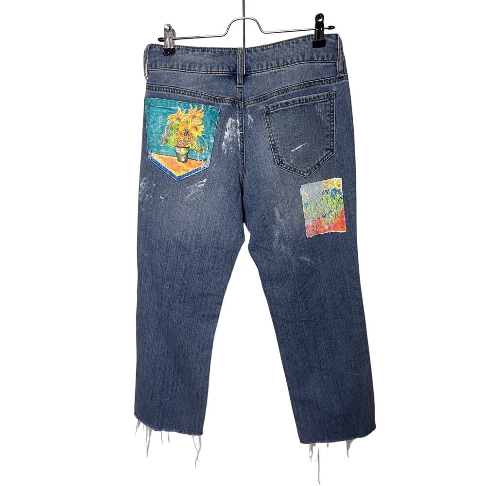 Empyre Cassia Hand Painted Distressed Crop Jeans Juniors Sz 5 Upcycled Sunflower